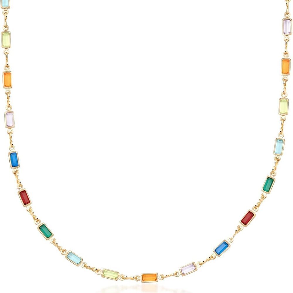 18K Gold Plated Multi-Color Crystal Baguette Necklace for Women, Elegant Design,